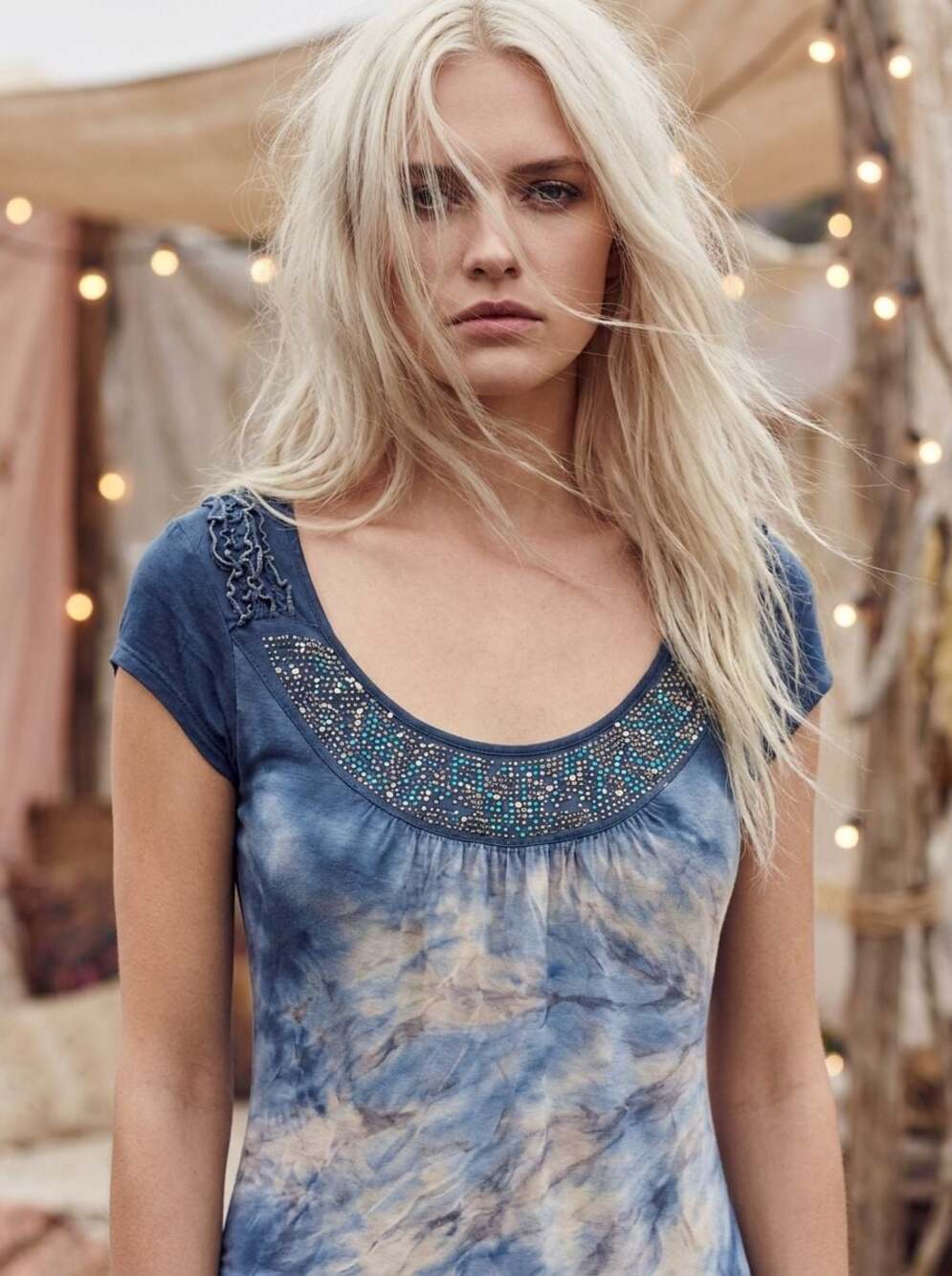 One World Women's Tie-Dye Embellished Ruched Side Top Size S